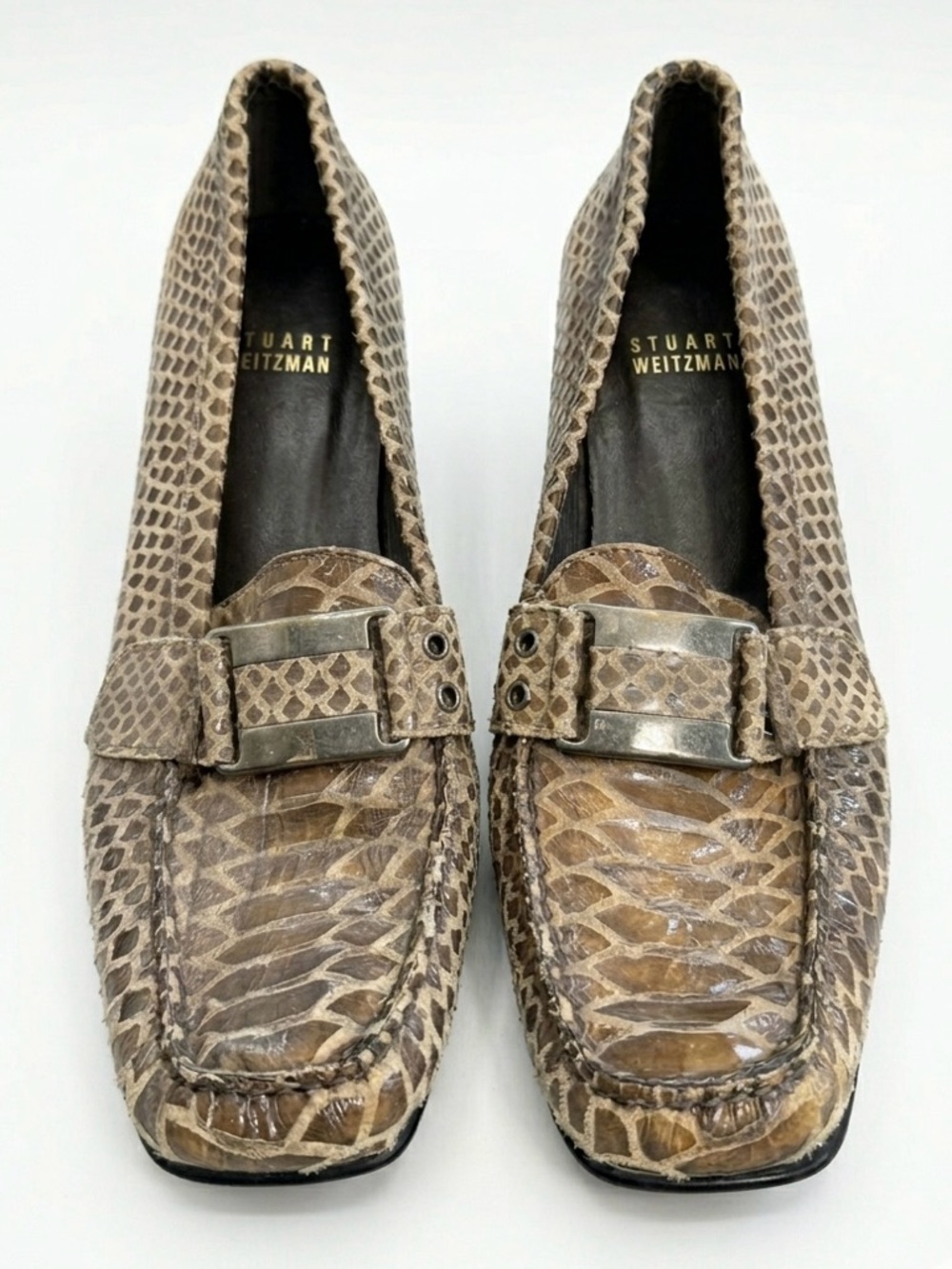 STUART WEITZMAN Snakeskin Embossed Leather Loafers Block Heel Buckle 7.5 - Picture 3 of 8